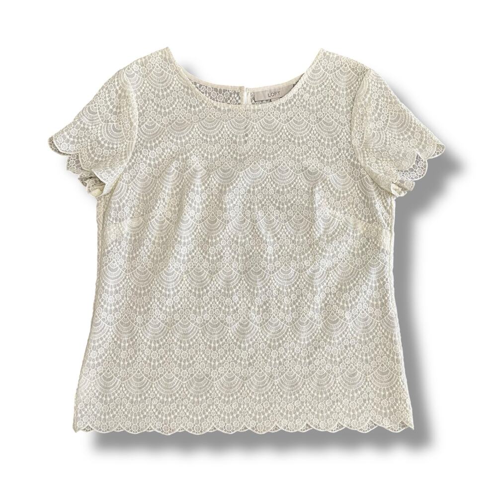 LOFT White‎ Lace Blouse Medium Scallop Hem Short Sleeve Crochet Top Ivory